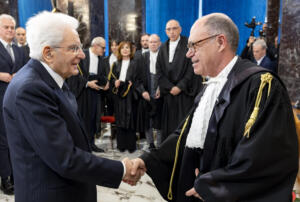 Il Presidente Sergio Mattarella con Guido Carlino, Presidente della Corte dei conti, al termine della cerimonia di inaugurazione dell’Anno giudiziario della Corte dei Conti