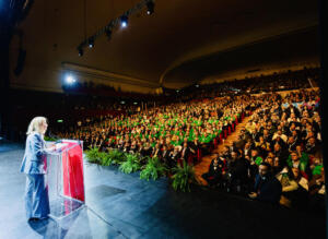 Giorgia Meloni interviene durante l'Assemblea Nazionale della CISL