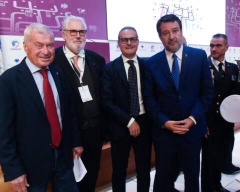 Carlo Sangalli, Presidente Confcommercio, Fabrizio Palenzona, Presidente della Fondazione Carli, Pasquale Russo. Presidente Conftrasporto, Matteo Salvini, Ministro dei Trasporti