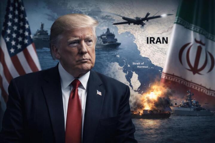 Donald Trump osserva lo scenario del Golfo Persico durante le tensioni con l’Iran, con mappe strategiche, navi militari e droni sullo sfondo, simbolo della complessità geopolitica e dei rischi per le rotte energetiche.