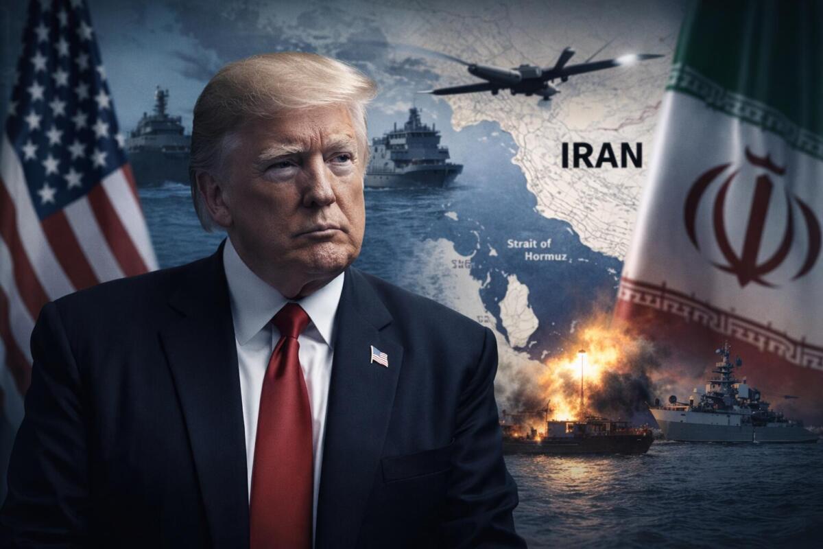 Donald Trump osserva lo scenario del Golfo Persico durante le tensioni con l’Iran, con mappe strategiche, navi militari e droni sullo sfondo, simbolo della complessità geopolitica e dei rischi per le rotte energetiche.