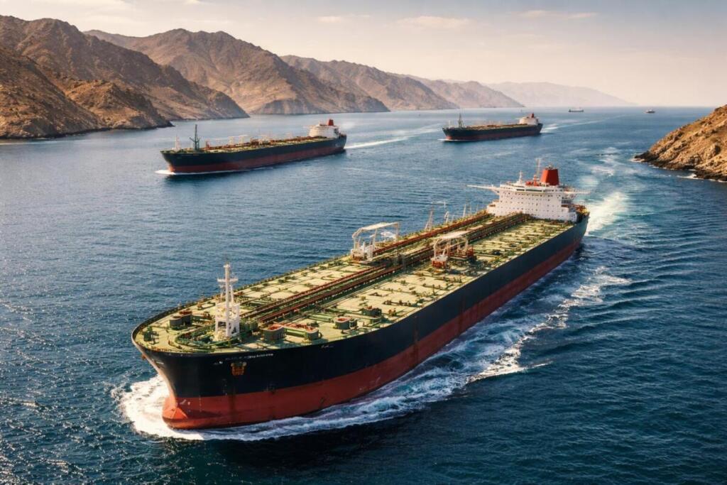 Navi petroliere in transito nello Stretto di Hormuz, snodo strategico per il commercio globale di energia