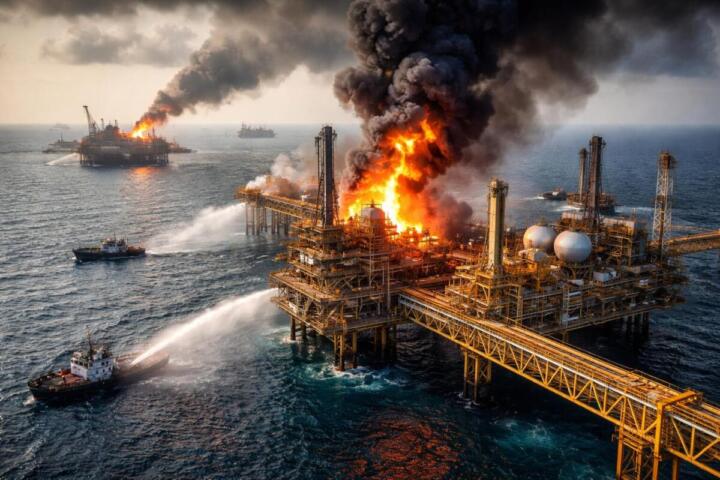 Impianto di gas nel giacimento di South Pars in fiamme dopo attacchi nel Golfo, simbolo dell’escalation energetica tra Iran e Israele.