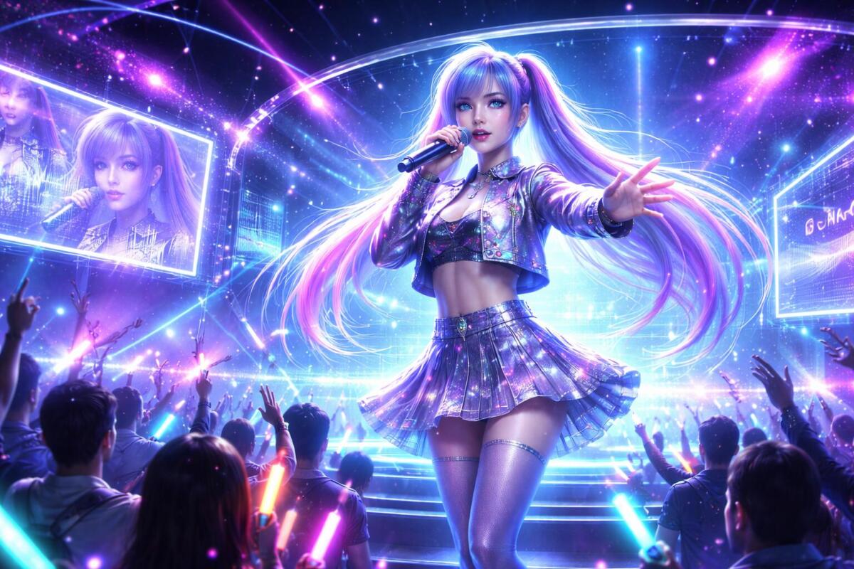 Star digitale su un palco futuristico