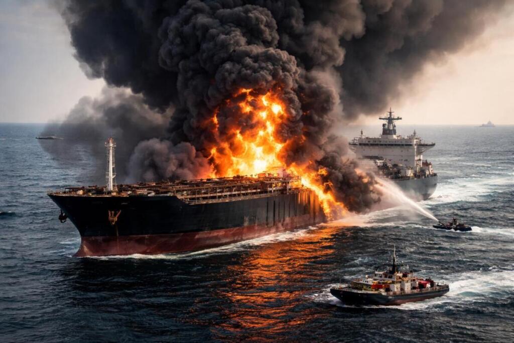 petroliera in fiamme nel Golfo Persico