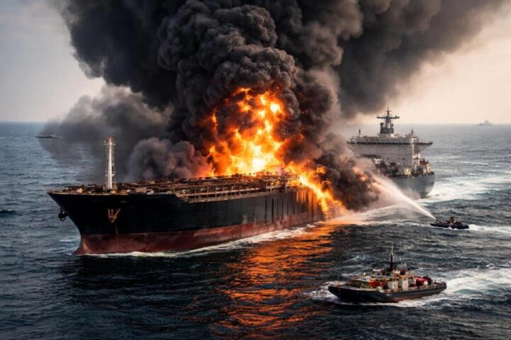 petroliera in fiamme nel Golfo Persico