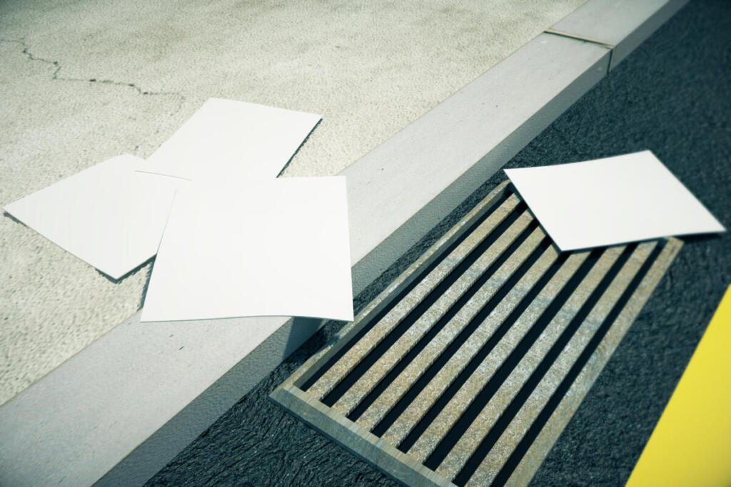 volantini sparsi su strade o marciapiedi