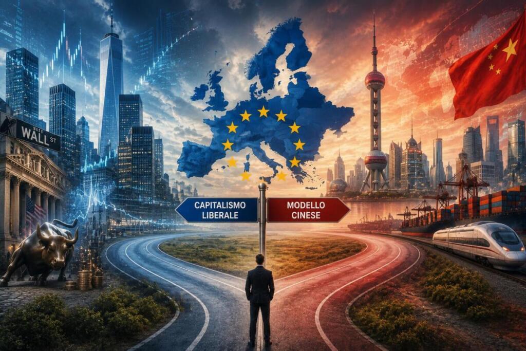 La mappa dell'Europa al centro evidenzia che il vero tema dell'articolo non è lo scontro USA-Cina, ma la posizione che l'Europa dovrà assumere tra questi due modelli