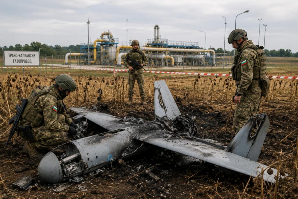 Resti di un drone dopo l’esplosione in Bulgaria, vicino al confine con la Romania